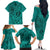 Hawaii Monk Seal and Dolphin Family Matching Off The Shoulder Long Sleeve Dress and Hawaiian Shirt Polynesian Kakau Pattern Turquoise