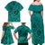 Hawaii Monk Seal and Dolphin Family Matching Off Shoulder Maxi Dress and Hawaiian Shirt Polynesian Kakau Pattern Turquoise