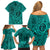 Hawaii Monk Seal and Dolphin Family Matching Off Shoulder Short Dress and Hawaiian Shirt Polynesian Kakau Pattern Turquoise