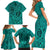 Hawaii Monk Seal and Dolphin Family Matching Short Sleeve Bodycon Dress and Hawaiian Shirt Polynesian Kakau Pattern Turquoise