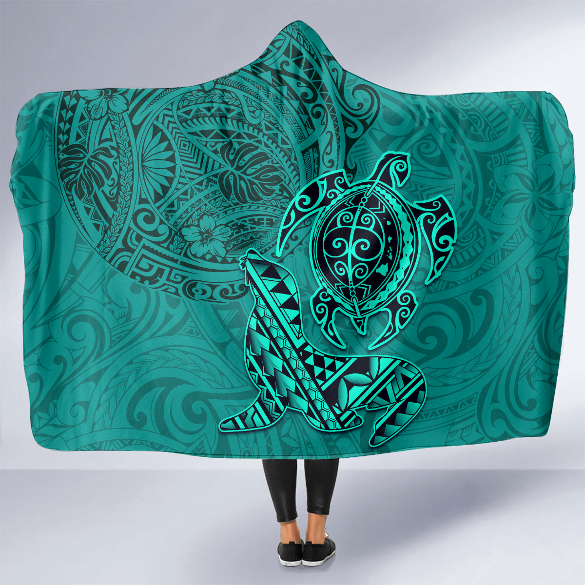 Hawaii Monk Seal and Dolphin Hooded Blanket Polynesian Kakau Pattern Turquoise LT03 - Polynesian Pride