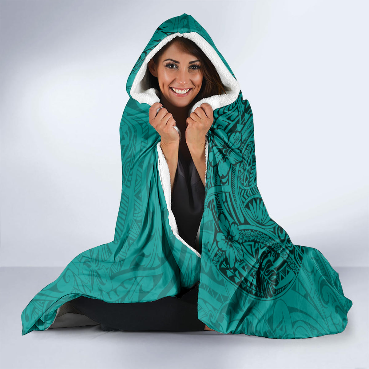 Hawaii Monk Seal and Dolphin Hooded Blanket Polynesian Kakau Pattern Turquoise LT03 - Polynesian Pride