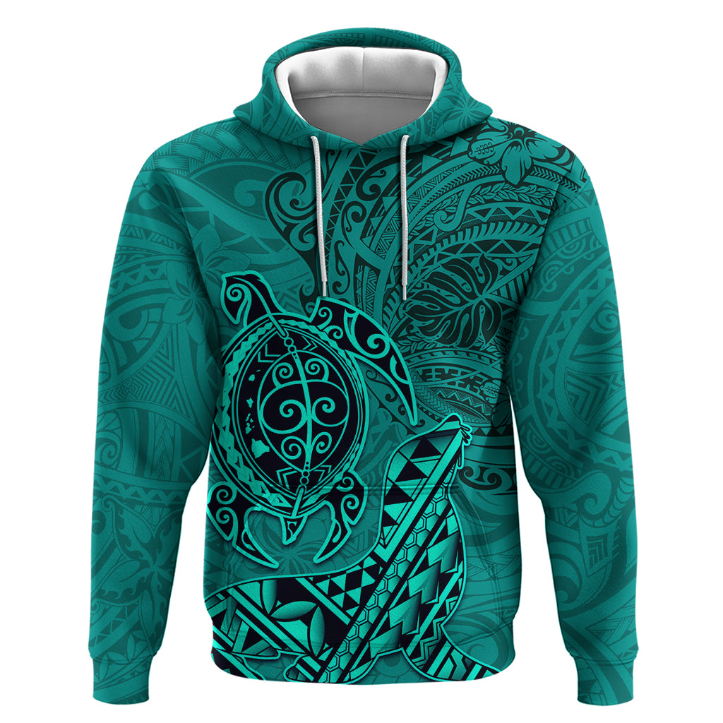 Hawaii Monk Seal and Dolphin Hoodie Polynesian Kakau Pattern Turquoise LT03 Pullover Hoodie Turquoise - Polynesian Pride