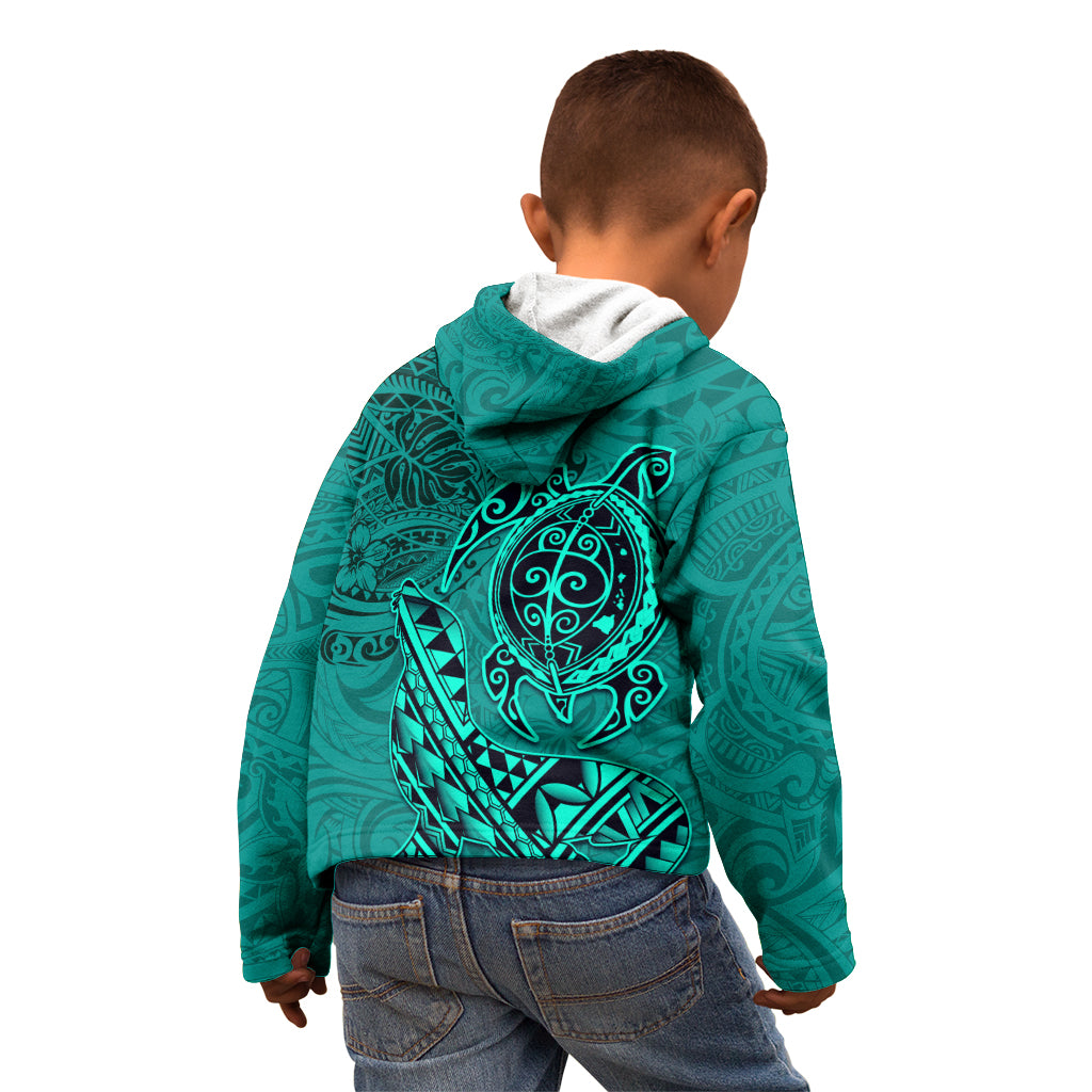 Hawaii Monk Seal and Dolphin Kid Hoodie Polynesian Kakau Pattern Turquoise LT03 - Polynesian Pride