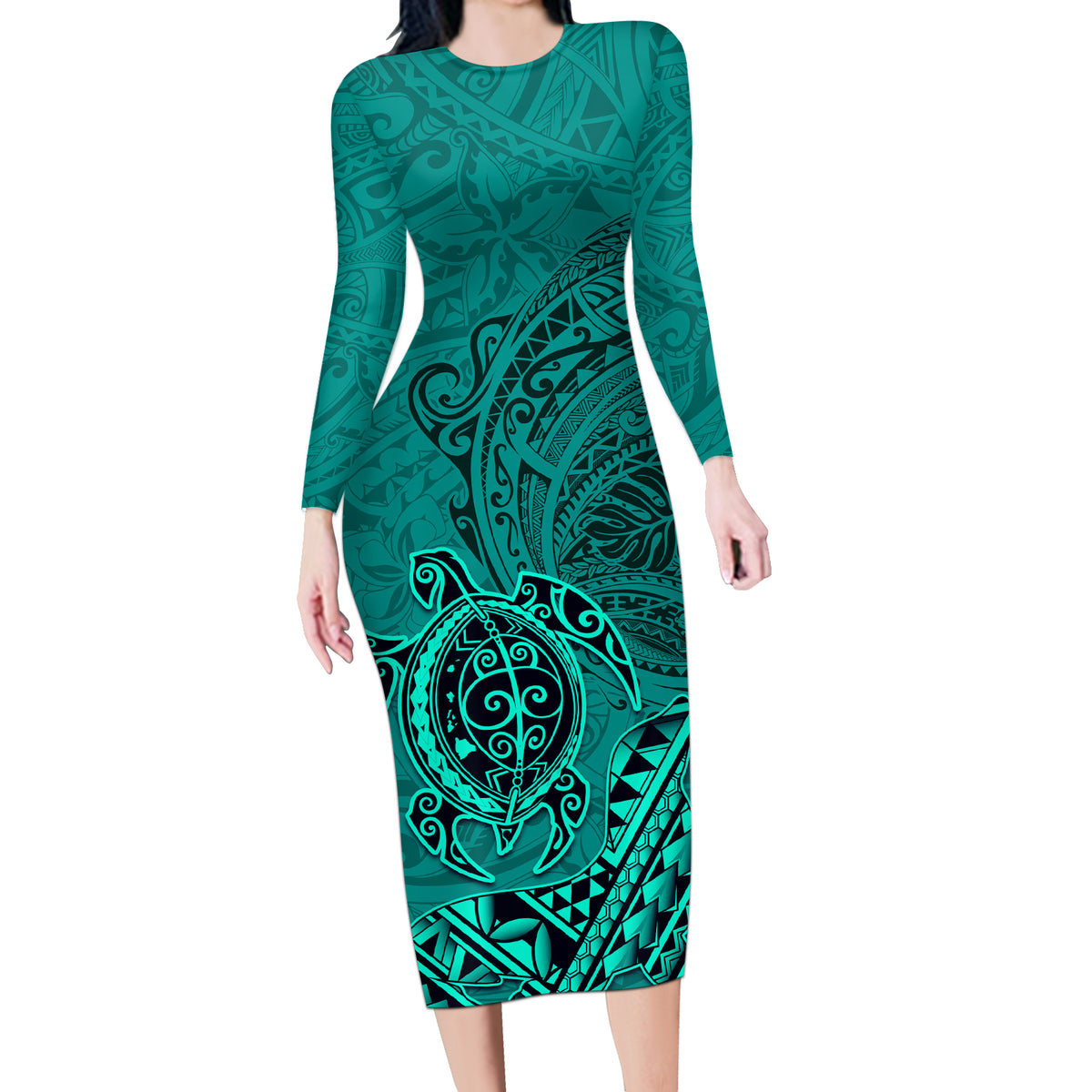 Hawaii Monk Seal and Dolphin Long Sleeve Bodycon Dress Polynesian Kakau Pattern Turquoise LT03 Long Dress Turquoise - Polynesian Pride