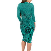 Hawaii Monk Seal and Dolphin Long Sleeve Bodycon Dress Polynesian Kakau Pattern Turquoise LT03 - Polynesian Pride