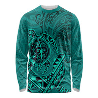Hawaii Monk Seal and Dolphin Long Sleeve Shirt Polynesian Kakau Pattern Turquoise LT03 Unisex Turquoise - Polynesian Pride