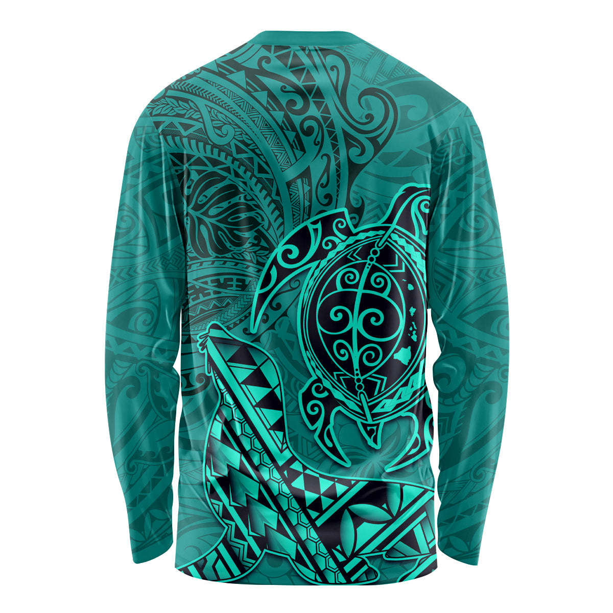 Hawaii Monk Seal and Dolphin Long Sleeve Shirt Polynesian Kakau Pattern Turquoise LT03 - Polynesian Pride
