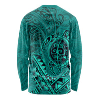 Hawaii Monk Seal and Dolphin Long Sleeve Shirt Polynesian Kakau Pattern Turquoise LT03 - Polynesian Pride