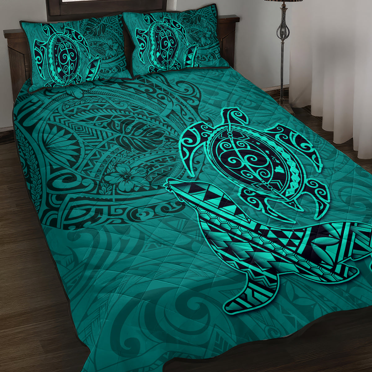 Hawaii Monk Seal and Dolphin Quilt Bed Set Polynesian Kakau Pattern Turquoise LT03 Turquoise - Polynesian Pride