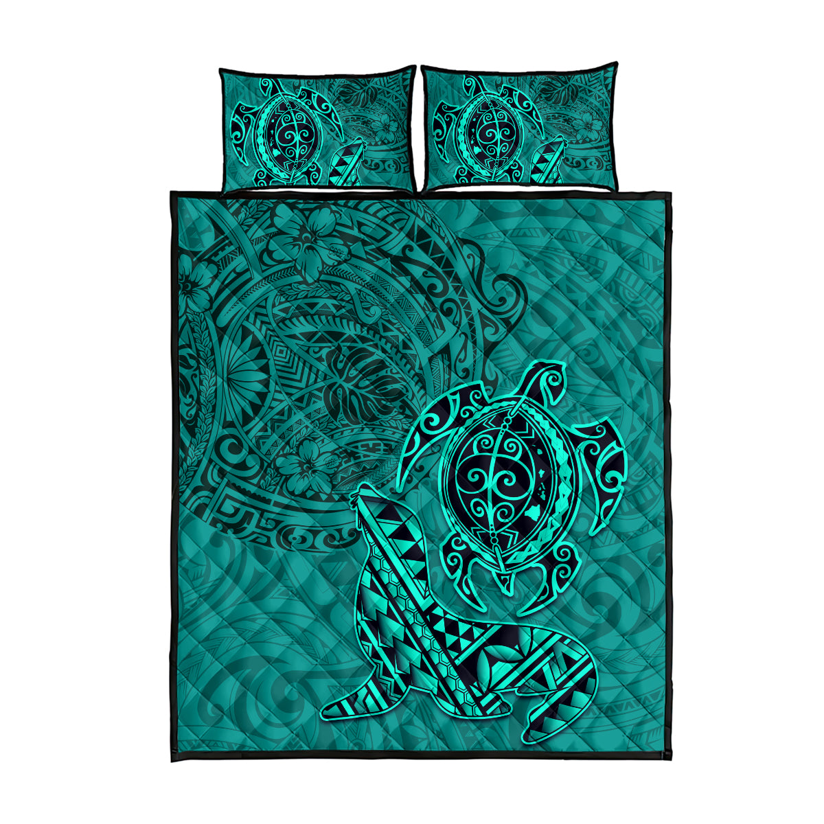 Hawaii Monk Seal and Dolphin Quilt Bed Set Polynesian Kakau Pattern Turquoise LT03 - Polynesian Pride