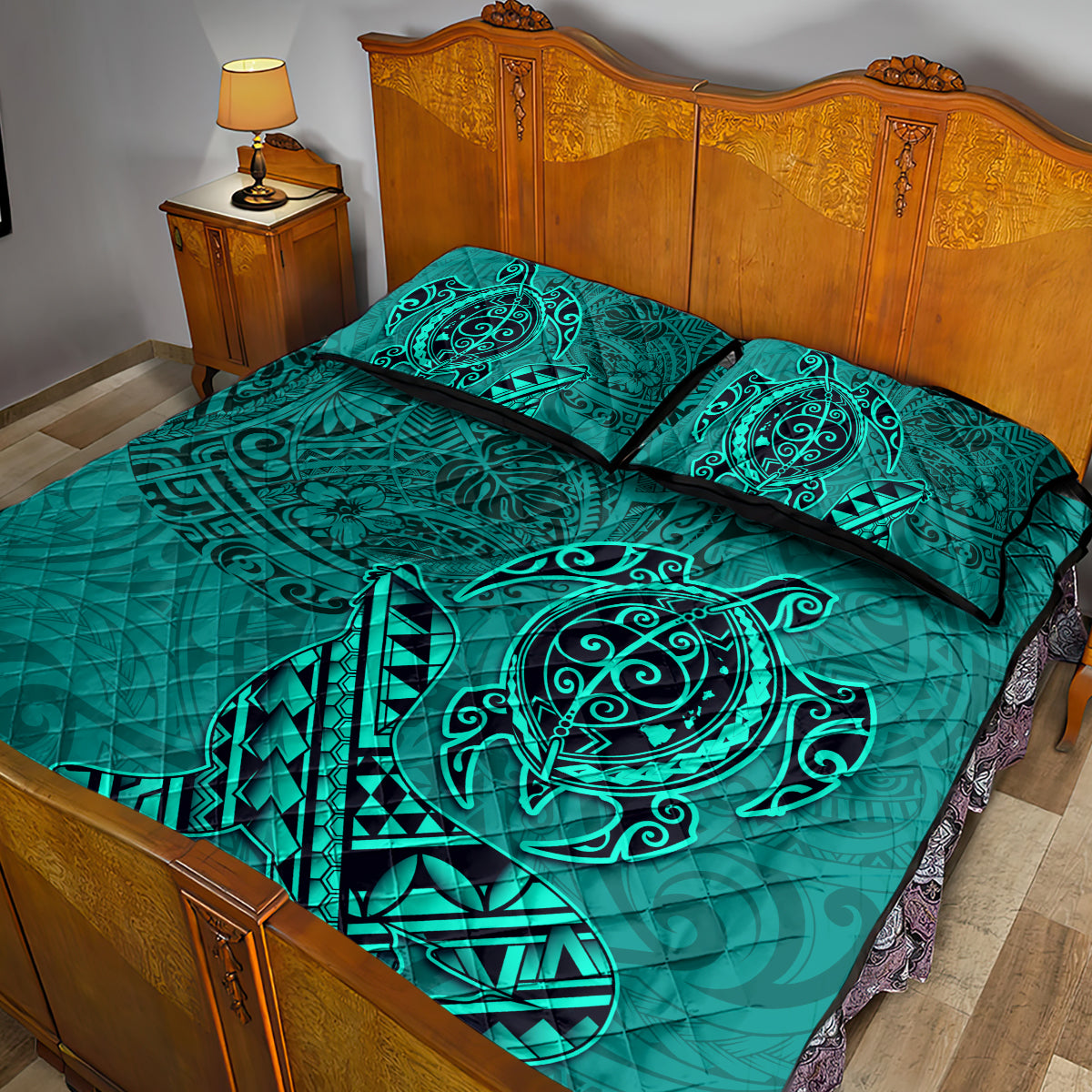 Hawaii Monk Seal and Dolphin Quilt Bed Set Polynesian Kakau Pattern Turquoise LT03 - Polynesian Pride