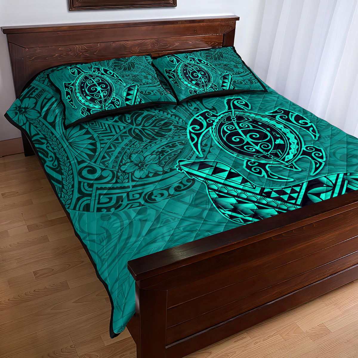 Hawaii Monk Seal and Dolphin Quilt Bed Set Polynesian Kakau Pattern Turquoise LT03 - Polynesian Pride