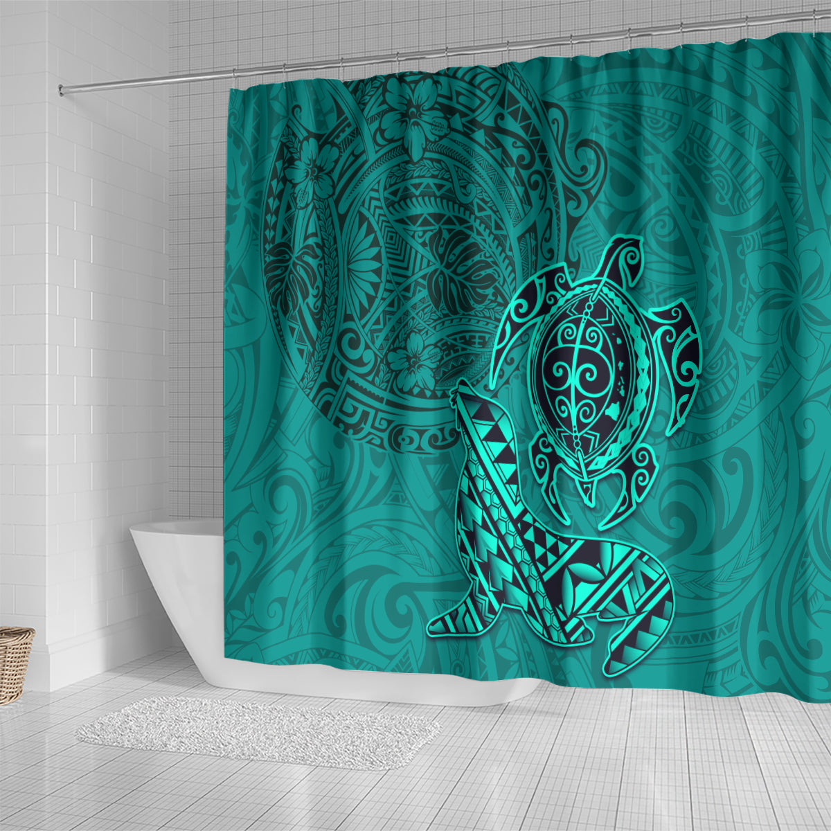 Hawaii Monk Seal and Dolphin Shower Curtain Polynesian Kakau Pattern Turquoise LT03 - Polynesian Pride