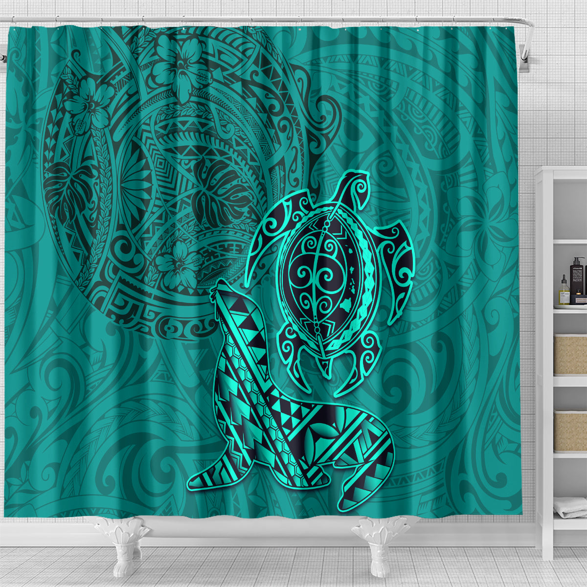 Hawaii Monk Seal and Dolphin Shower Curtain Polynesian Kakau Pattern Turquoise LT03 - Polynesian Pride