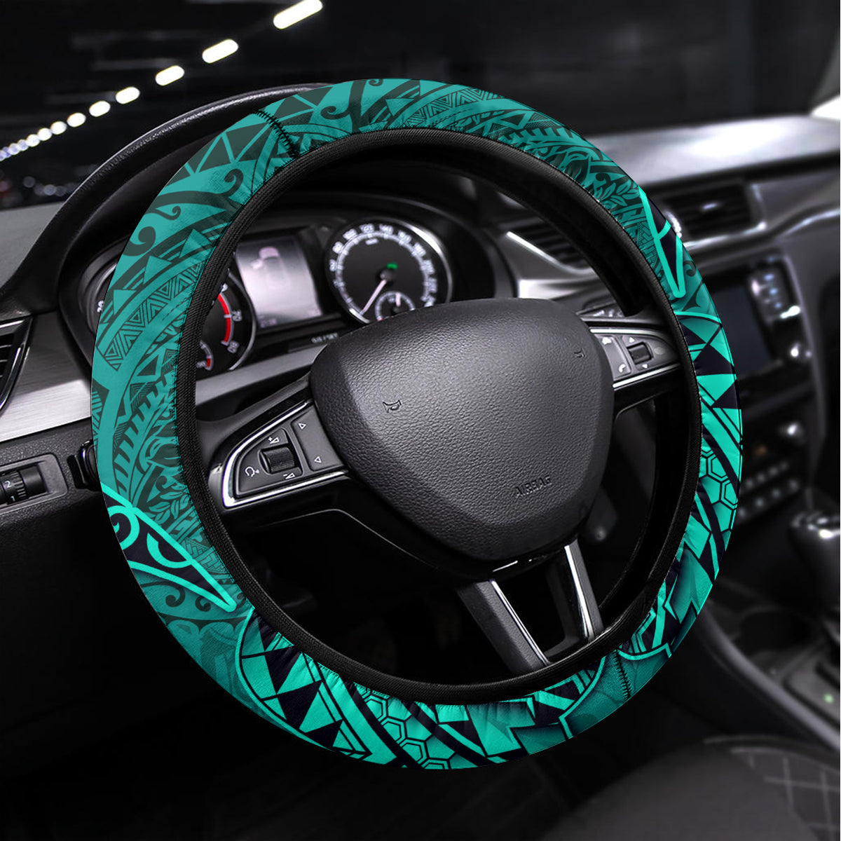 Hawaii Monk Seal and Dolphin Steering Wheel Cover Polynesian Kakau Pattern Turquoise LT03 Universal Fit Turquoise - Polynesian Pride