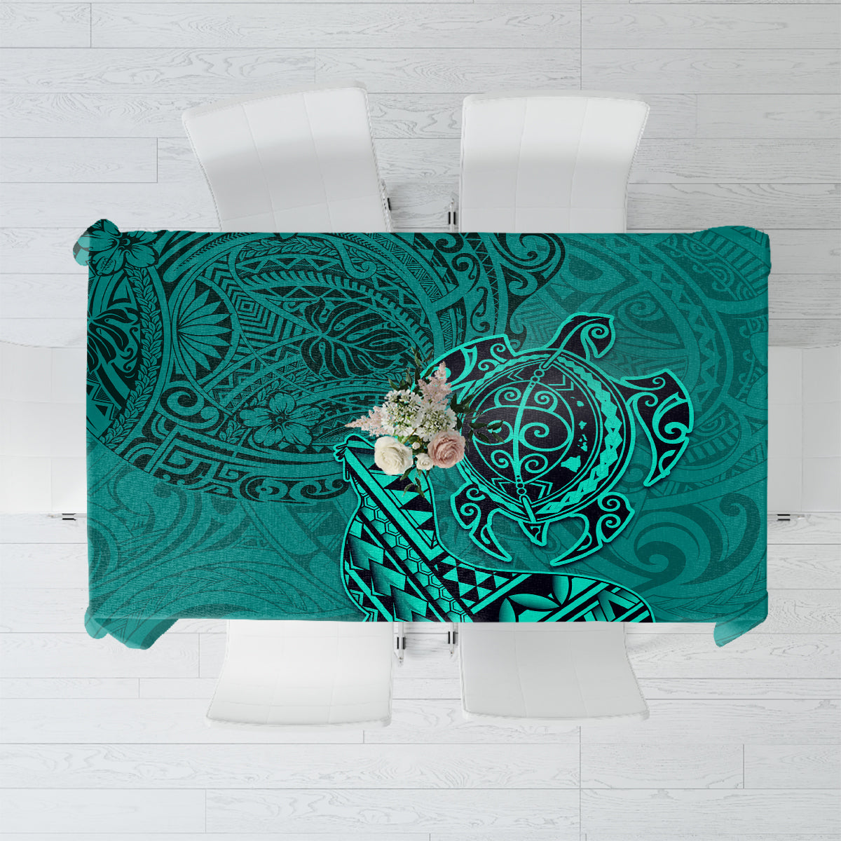 Hawaii Monk Seal and Dolphin Tablecloth Polynesian Kakau Pattern Turquoise LT03 Turquoise - Polynesian Pride