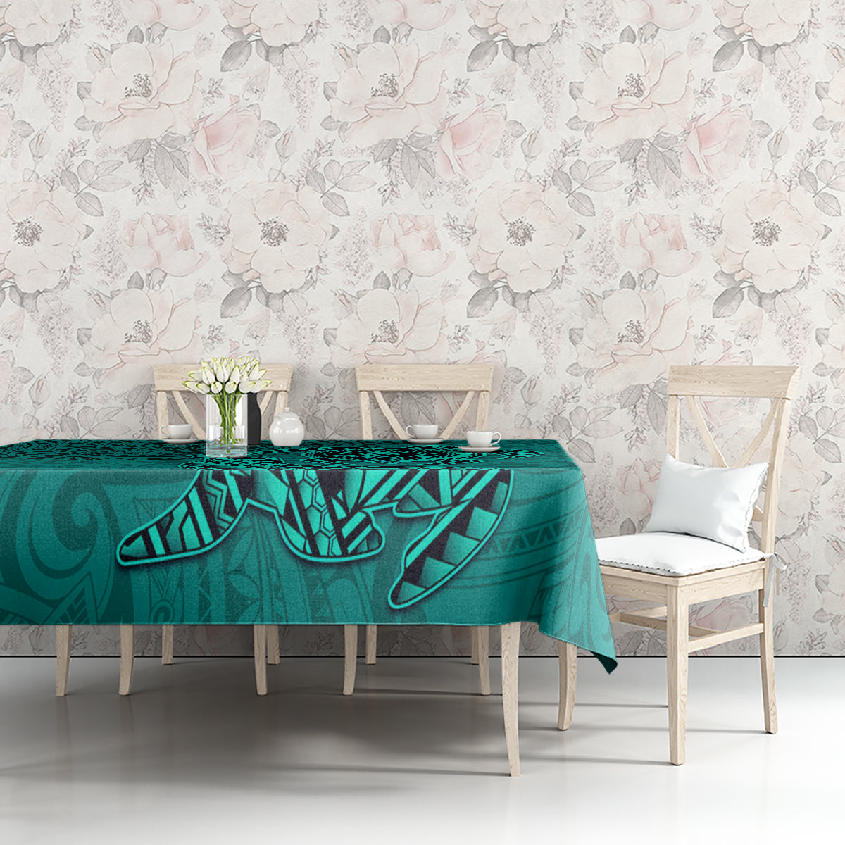 Hawaii Monk Seal and Dolphin Tablecloth Polynesian Kakau Pattern Turquoise LT03 - Polynesian Pride