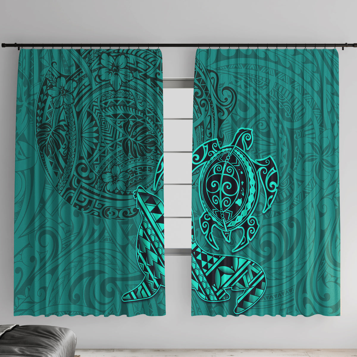 Hawaii Monk Seal and Dolphin Window Curtain Polynesian Kakau Pattern Turquoise LT03 With Hooks Turquoise - Polynesian Pride