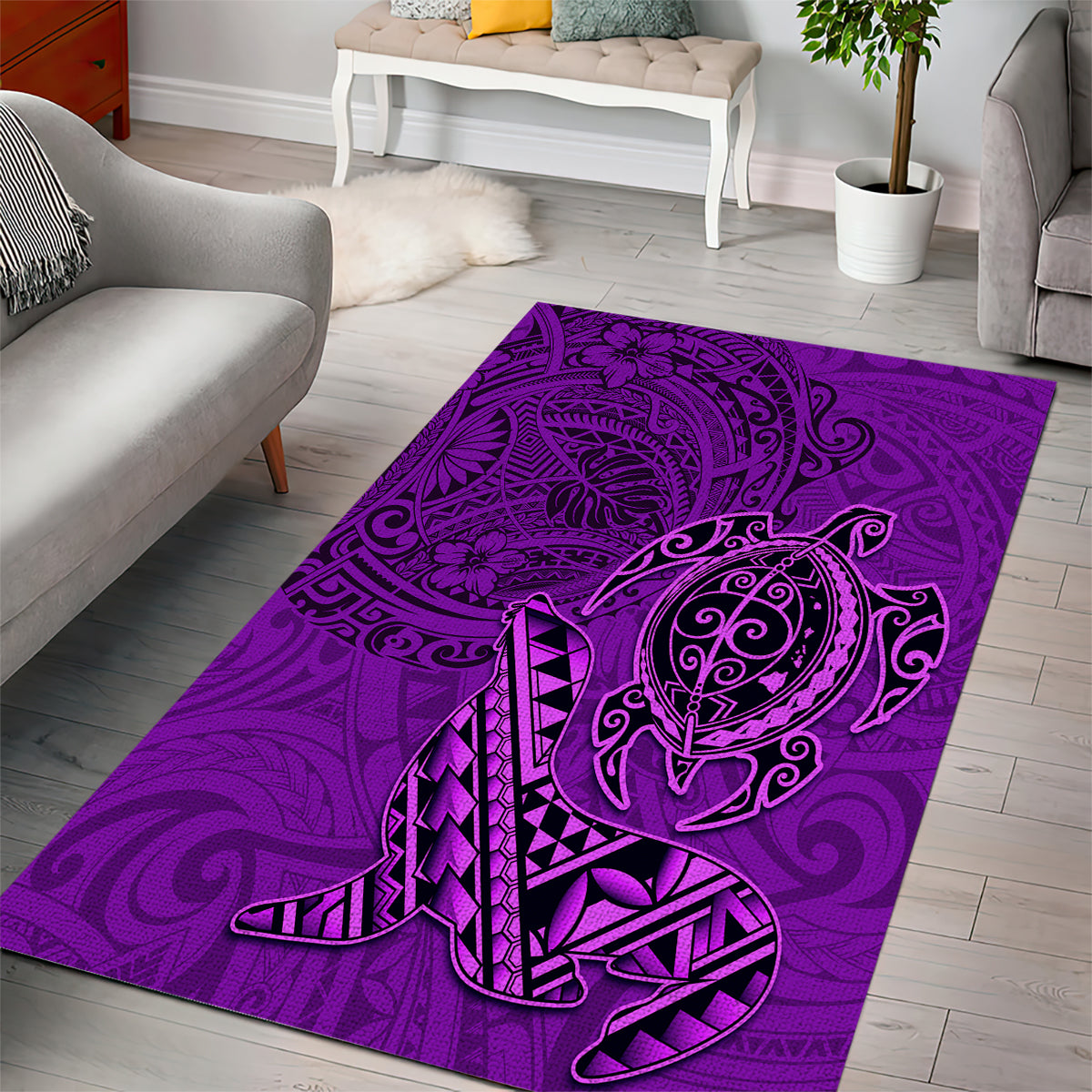 Hawaii Monk Seal and Dolphin Area Rug Polynesian Kakau Pattern Purple LT03 - Polynesian Pride