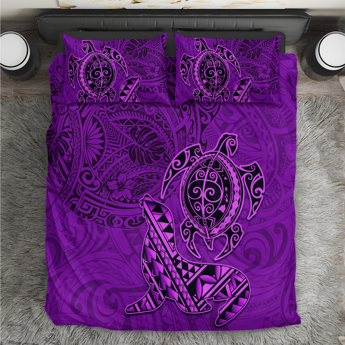 Hawaii Monk Seal and Dolphin Bedding Set Polynesian Kakau Pattern Purple LT03 Purple - Polynesian Pride