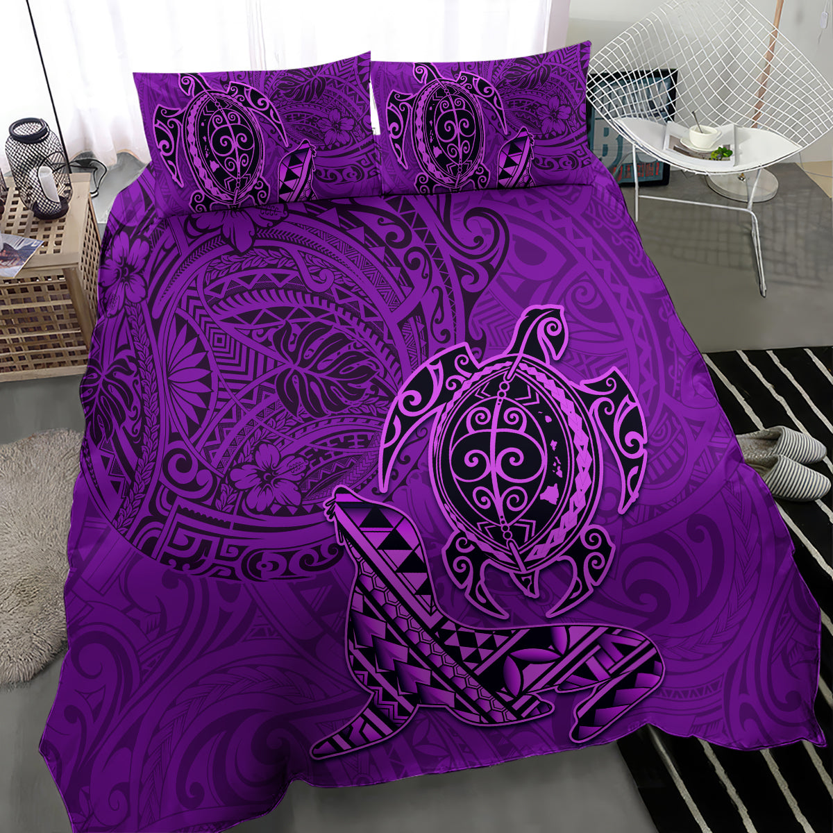 Hawaii Monk Seal and Dolphin Bedding Set Polynesian Kakau Pattern Purple LT03 - Polynesian Pride