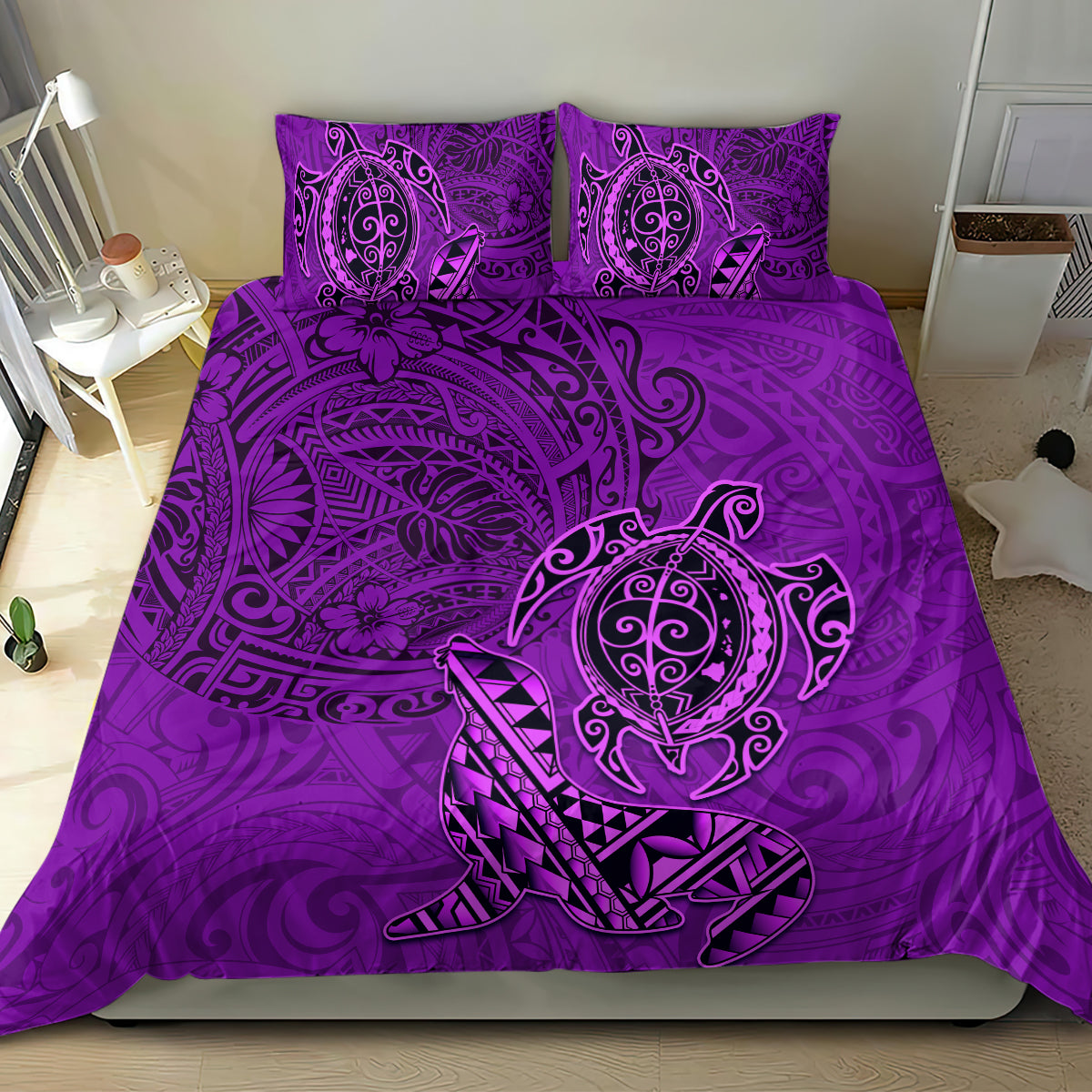 Hawaii Monk Seal and Dolphin Bedding Set Polynesian Kakau Pattern Purple LT03 - Polynesian Pride