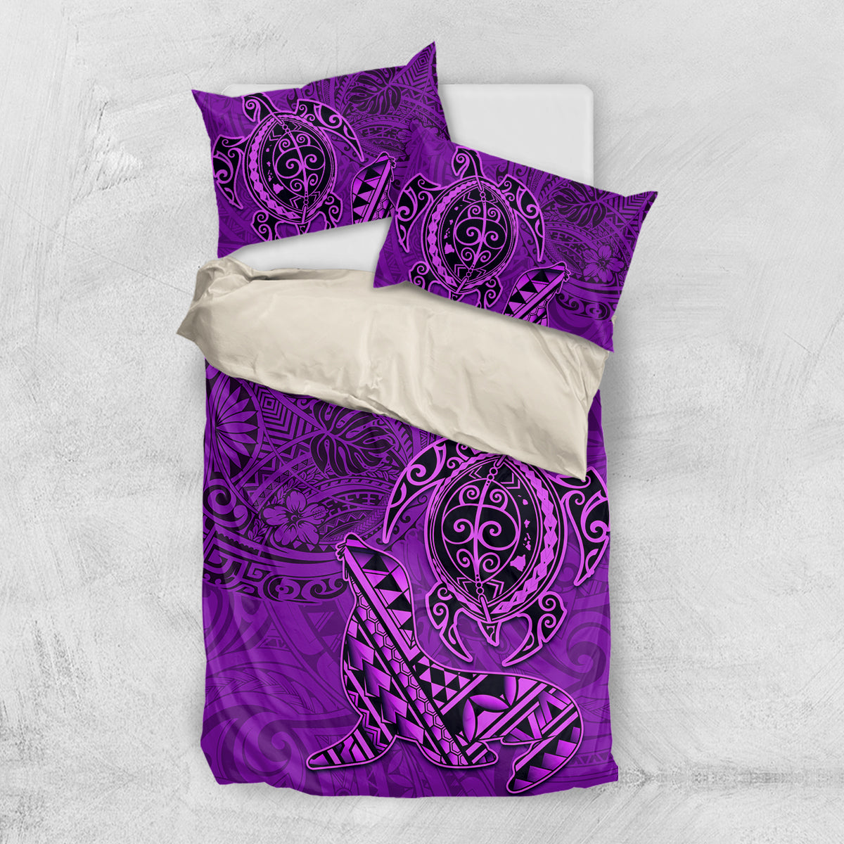 Hawaii Monk Seal and Dolphin Bedding Set Polynesian Kakau Pattern Purple LT03 US Twin 172cm x 218cm Purple - Polynesian Pride