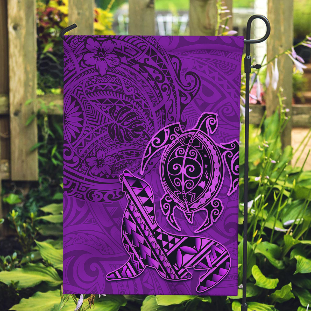 Hawaii Monk Seal and Dolphin Garden Flag Polynesian Kakau Pattern Purple LT03 Garden Flag Purple - Polynesian Pride