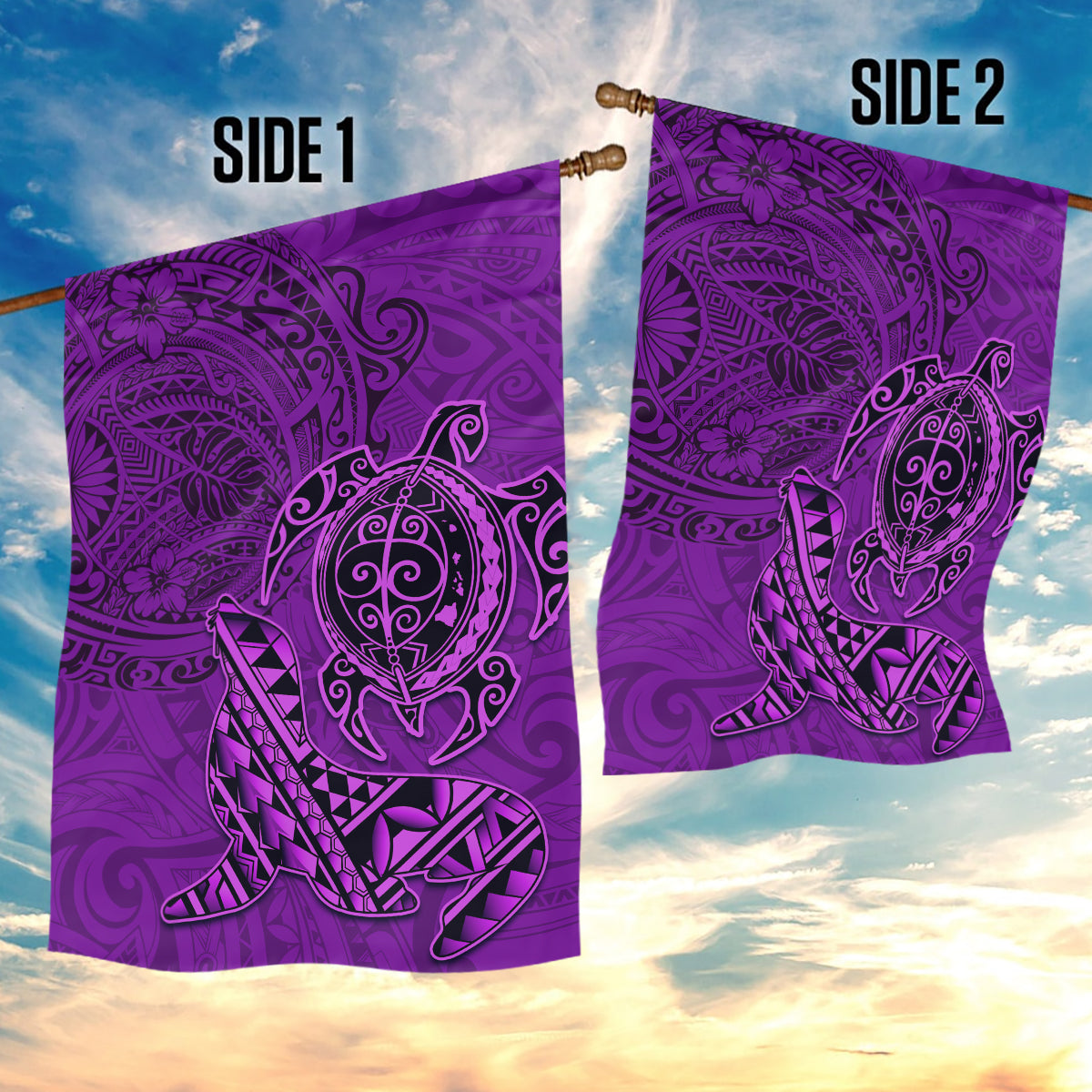 Hawaii Monk Seal and Dolphin Garden Flag Polynesian Kakau Pattern Purple LT03 - Polynesian Pride