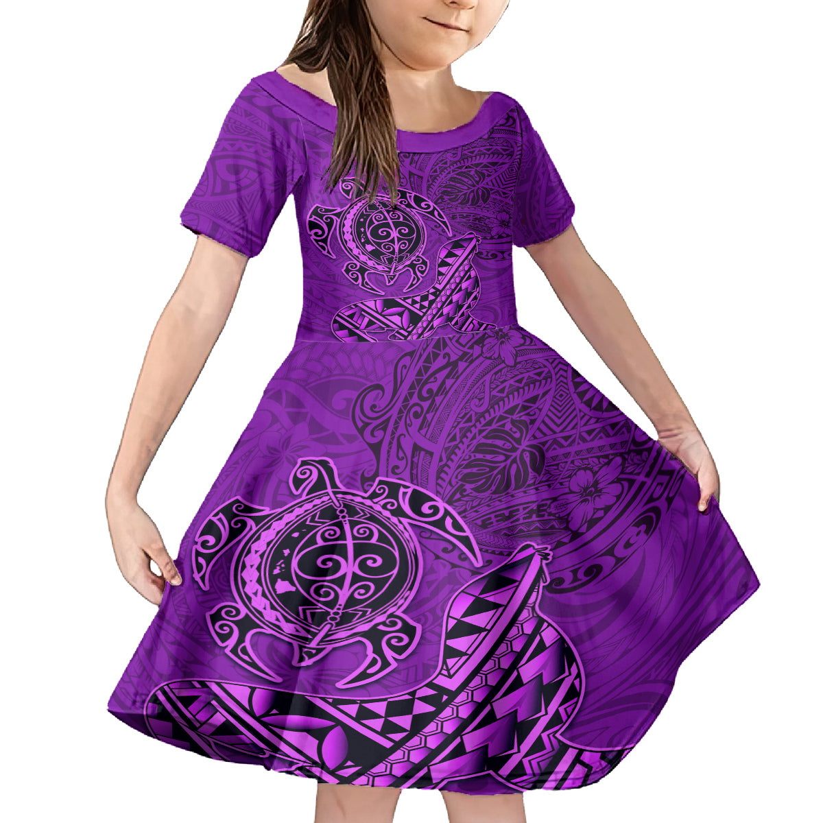 Hawaii Monk Seal and Dolphin Kid Short Sleeve Dress Polynesian Kakau Pattern Purple LT03 KID Purple - Polynesian Pride