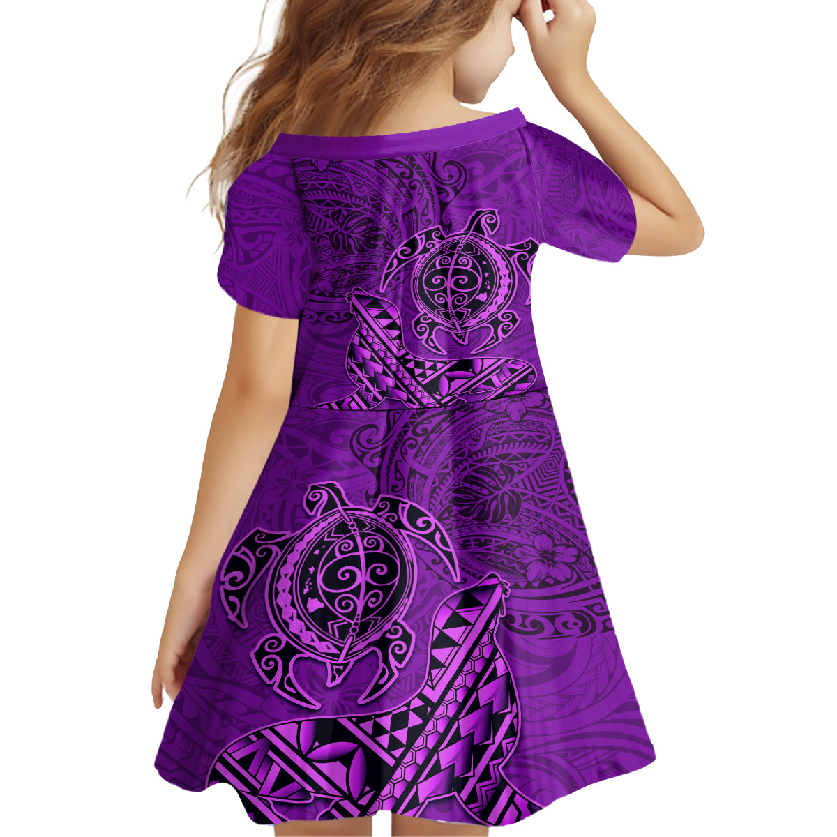 Hawaii Monk Seal and Dolphin Kid Short Sleeve Dress Polynesian Kakau Pattern Purple LT03 - Polynesian Pride