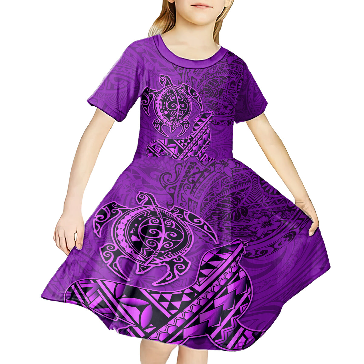 Hawaii Monk Seal and Dolphin Kid Short Sleeve Dress Polynesian Kakau Pattern Purple LT03 - Polynesian Pride