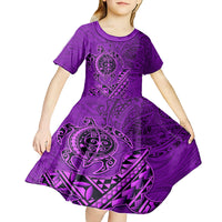 Hawaii Monk Seal and Dolphin Kid Short Sleeve Dress Polynesian Kakau Pattern Purple LT03 - Polynesian Pride