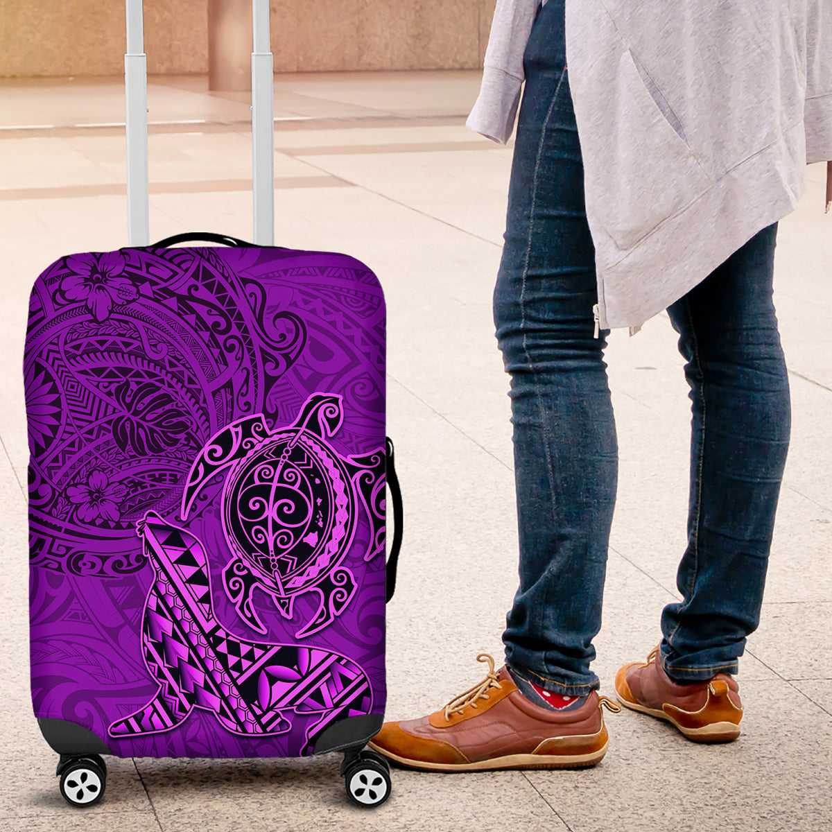 Hawaii Monk Seal and Dolphin Luggage Cover Polynesian Kakau Pattern Purple LT03 Purple - Polynesian Pride