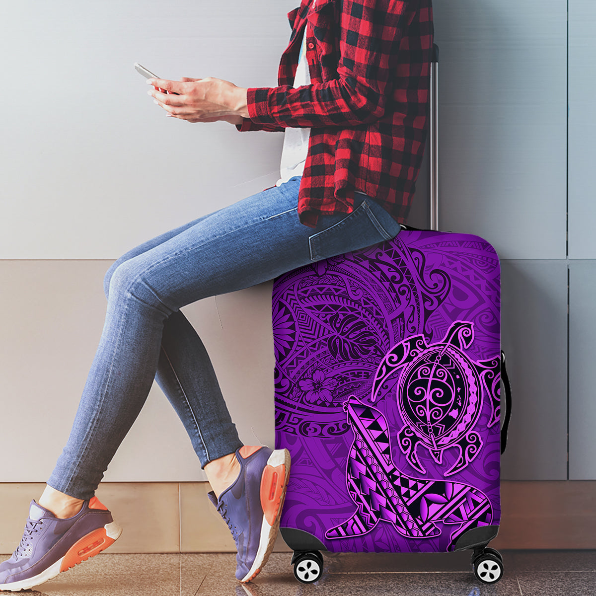 Hawaii Monk Seal and Dolphin Luggage Cover Polynesian Kakau Pattern Purple LT03 - Polynesian Pride