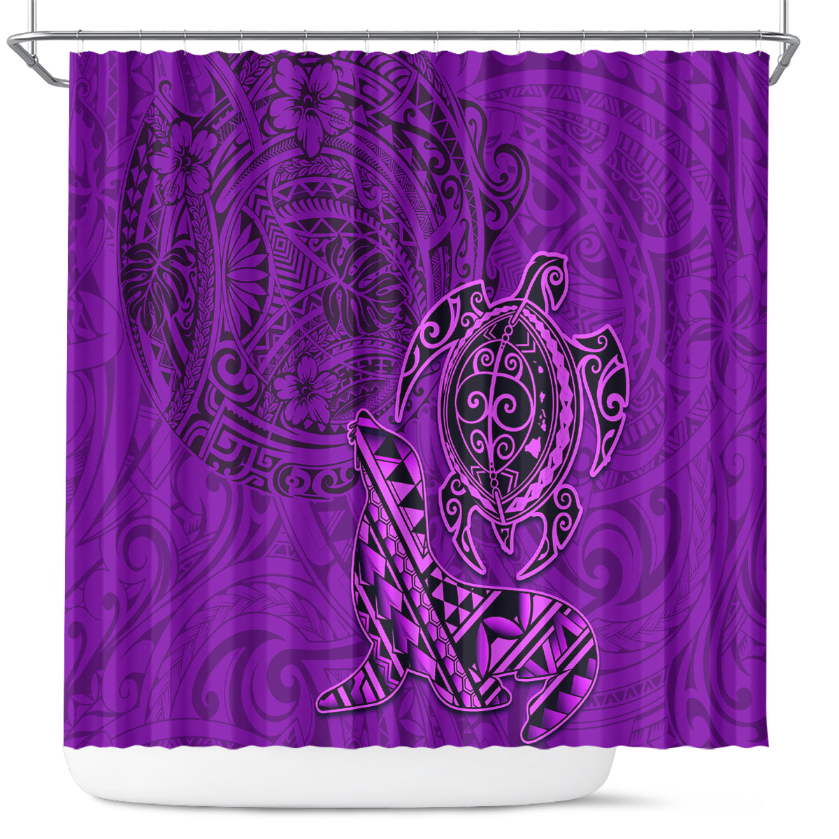 Hawaii Monk Seal and Dolphin Shower Curtain Polynesian Kakau Pattern Purple