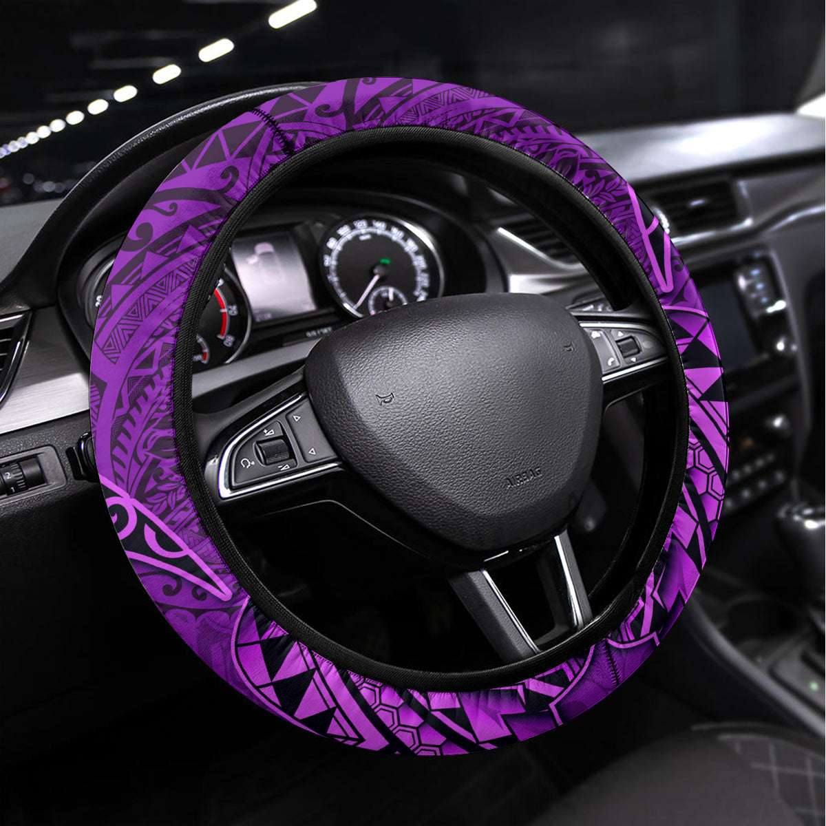 Hawaii Monk Seal and Dolphin Steering Wheel Cover Polynesian Kakau Pattern Purple