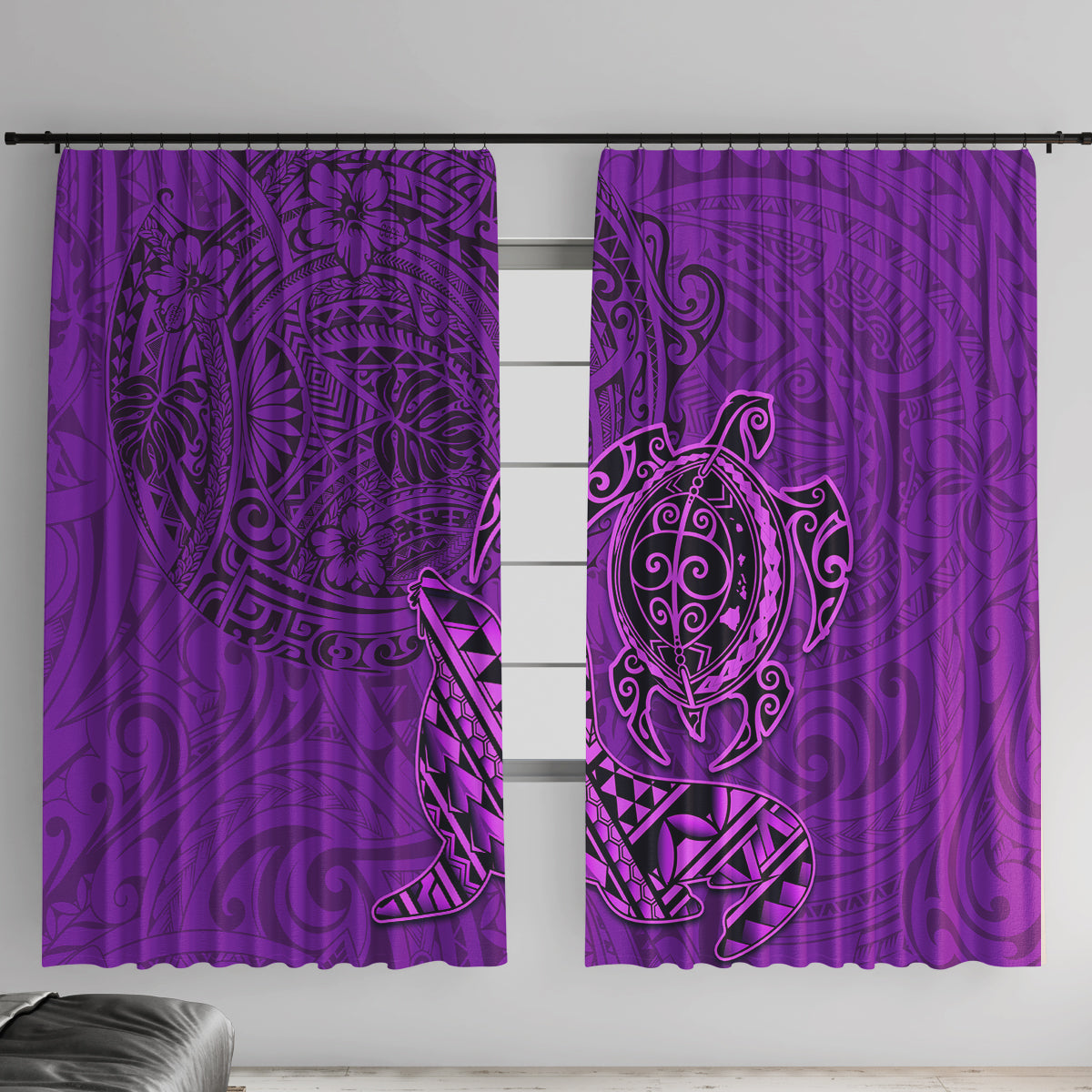 Hawaii Monk Seal and Dolphin Window Curtain Polynesian Kakau Pattern Purple LT03 With Hooks Purple - Polynesian Pride