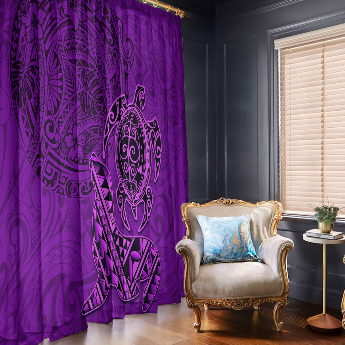 Hawaii Monk Seal and Dolphin Window Curtain Polynesian Kakau Pattern Purple LT03 - Polynesian Pride