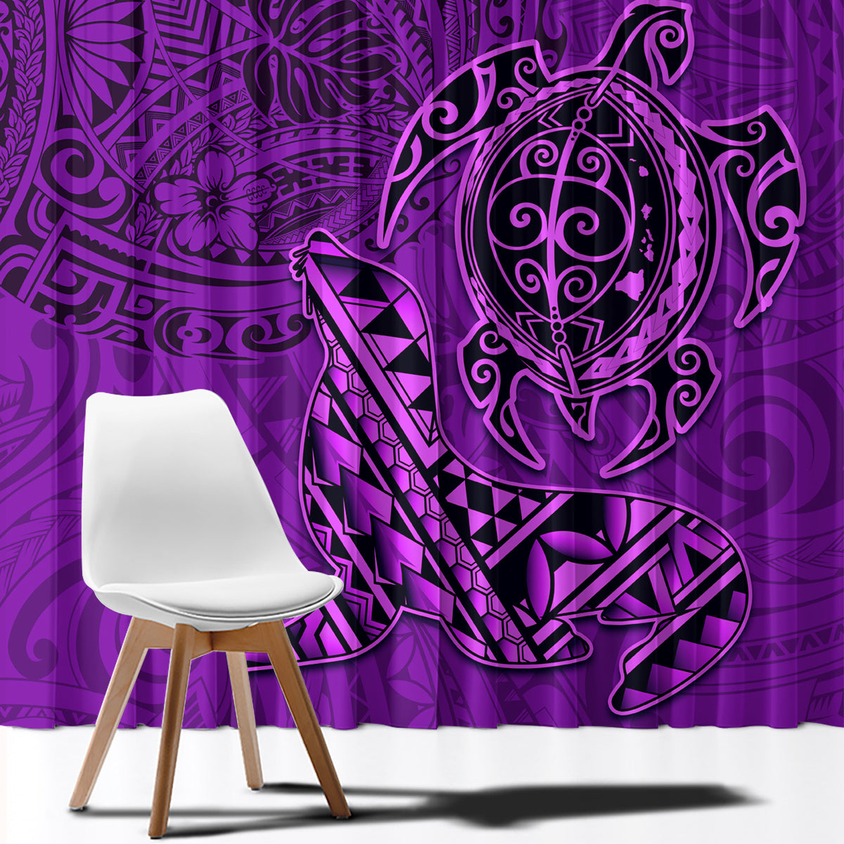 Hawaii Monk Seal and Dolphin Window Curtain Polynesian Kakau Pattern Purple LT03 - Polynesian Pride