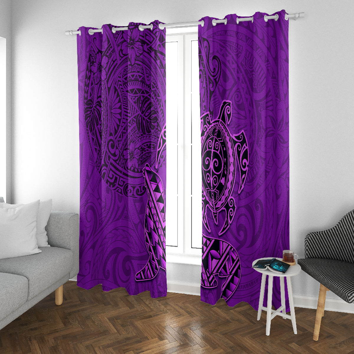 Hawaii Monk Seal and Dolphin Window Curtain Polynesian Kakau Pattern Purple LT03 With Grommets Purple - Polynesian Pride