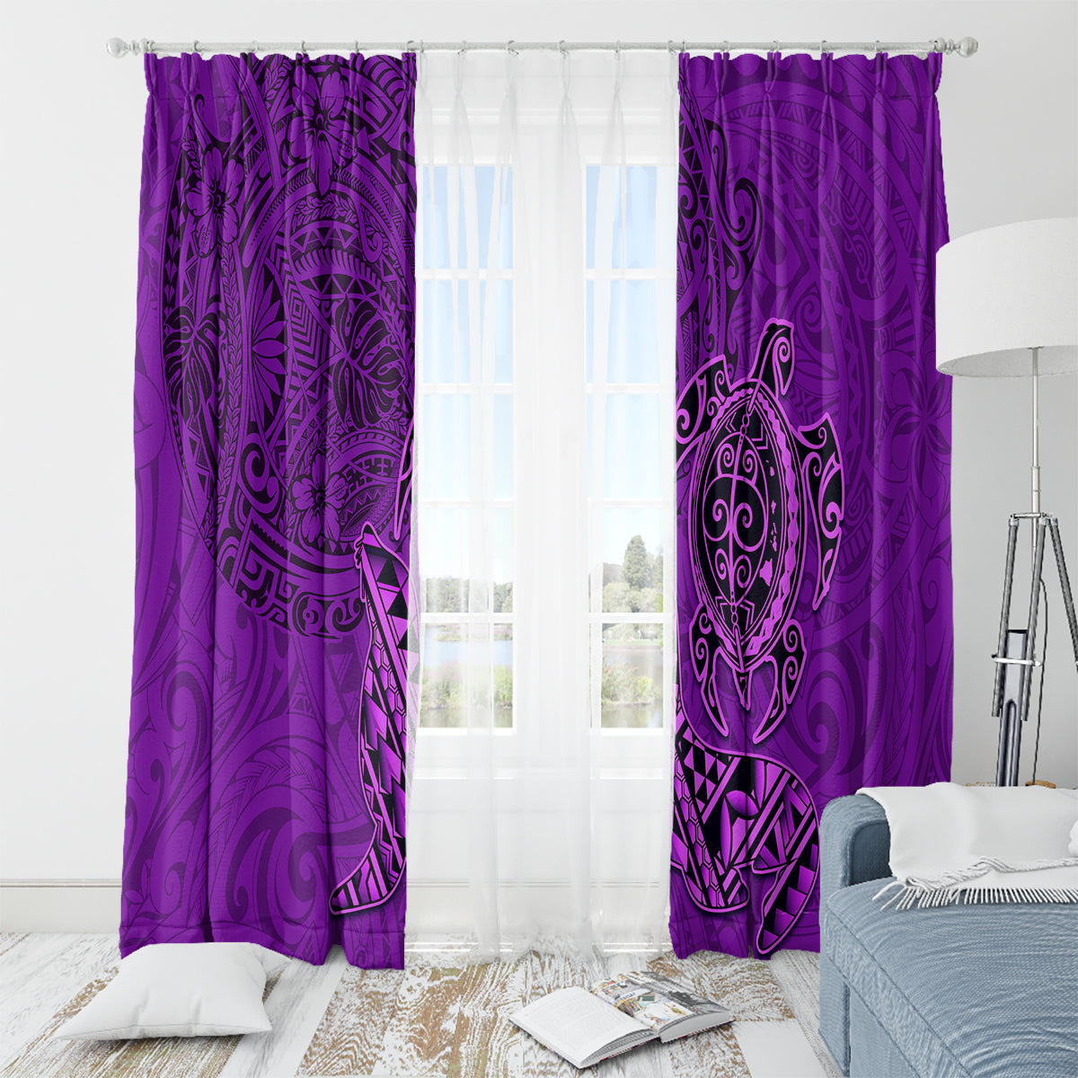 Hawaii Monk Seal and Dolphin Window Curtain Polynesian Kakau Pattern Purple LT03 - Polynesian Pride