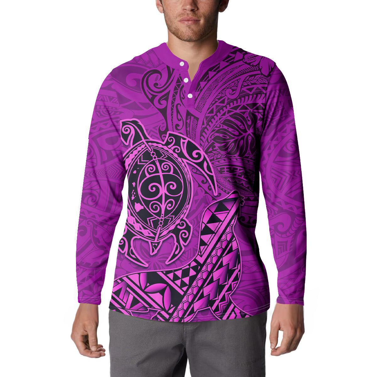 Hawaii Monk Seal and Dolphin Button Sweatshirt Polynesian Kakau Pattern Pink LT03 - Polynesian Pride