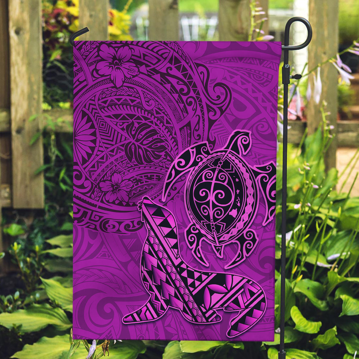Hawaii Monk Seal and Dolphin Garden Flag Polynesian Kakau Pattern Pink LT03 Garden Flag Pink - Polynesian Pride