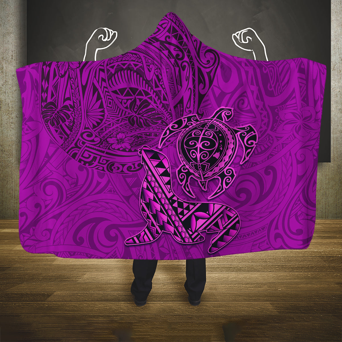 Hawaii Monk Seal and Dolphin Hooded Blanket Polynesian Kakau Pattern Pink LT03 One Size Pink - Polynesian Pride