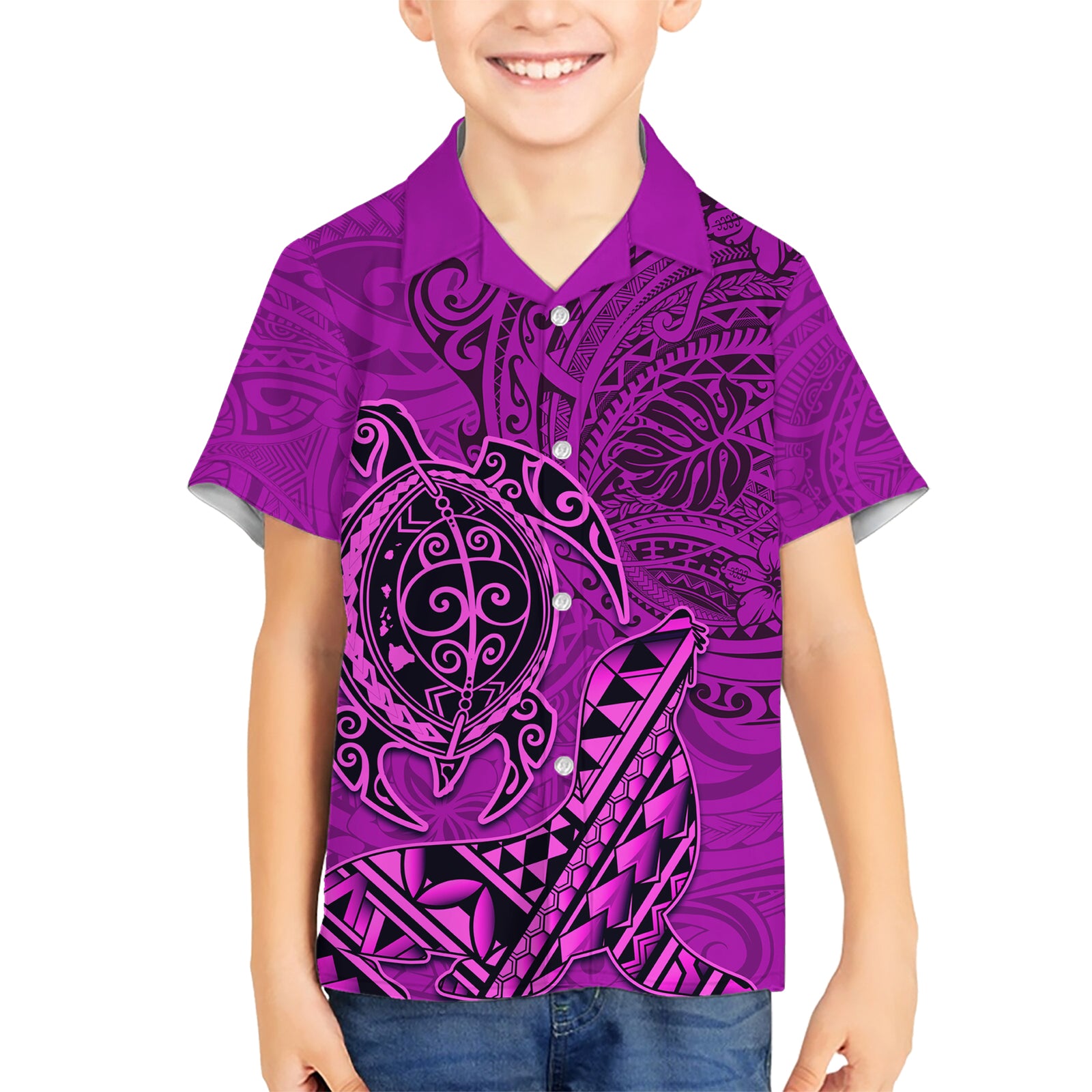 Hawaii Monk Seal and Dolphin Kid Hawaiian Shirt Polynesian Kakau Pattern Pink LT03 Kid Pink - Polynesian Pride