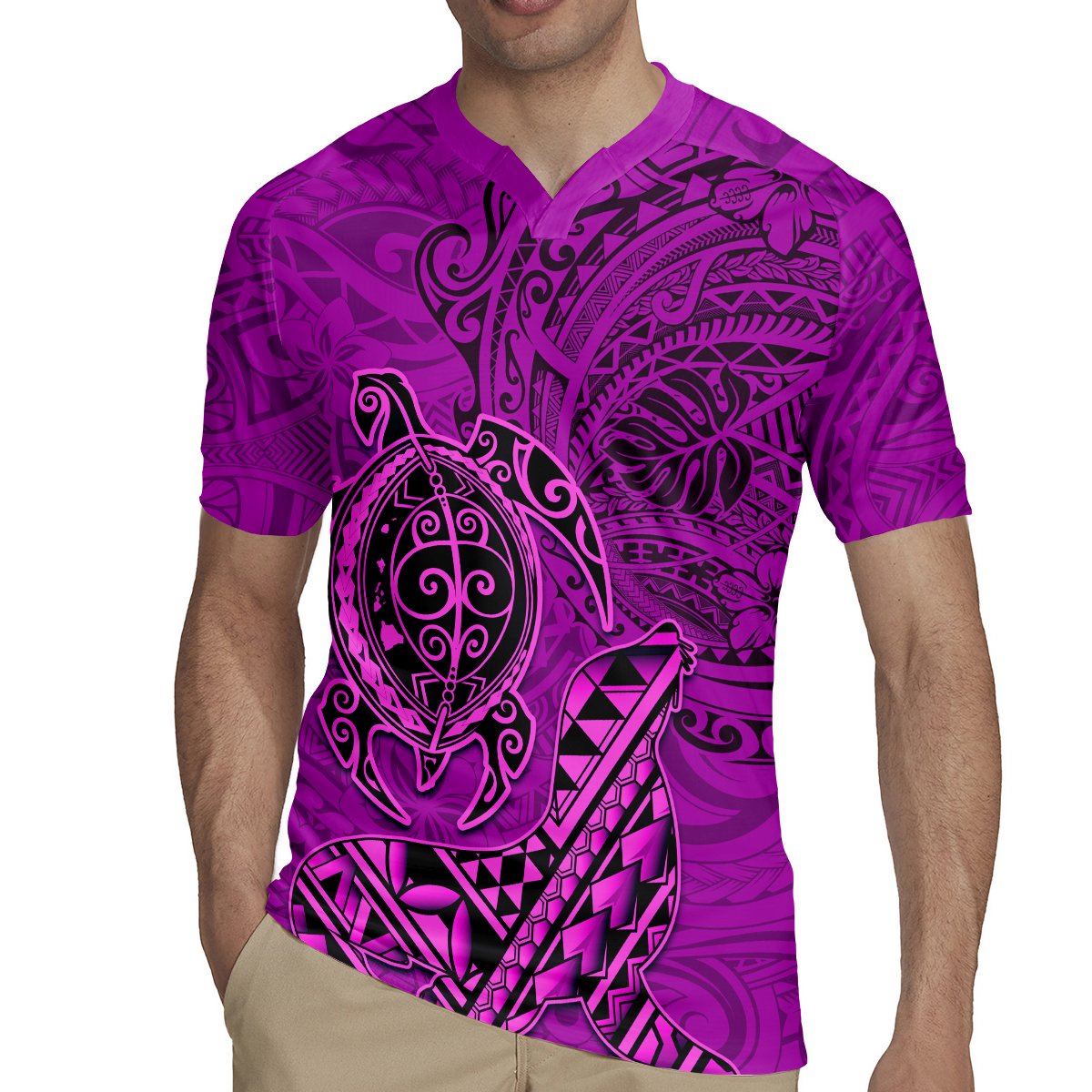 Hawaii Monk Seal and Dolphin Rugby Jersey Polynesian Kakau Pattern Pink LT03 - Polynesian Pride