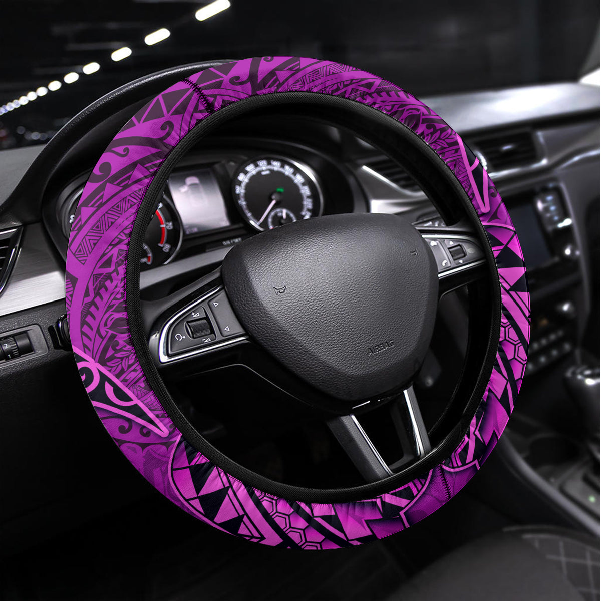 Hawaii Monk Seal and Dolphin Steering Wheel Cover Polynesian Kakau Pattern Pink