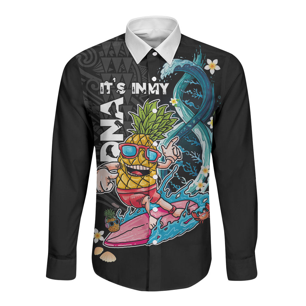 Hawaii Pineapple Surfing Long Sleeve Button Shirt It's in My DNA - Kakau and Polynesian Pattern LT03 Unisex Black - Polynesian Pride